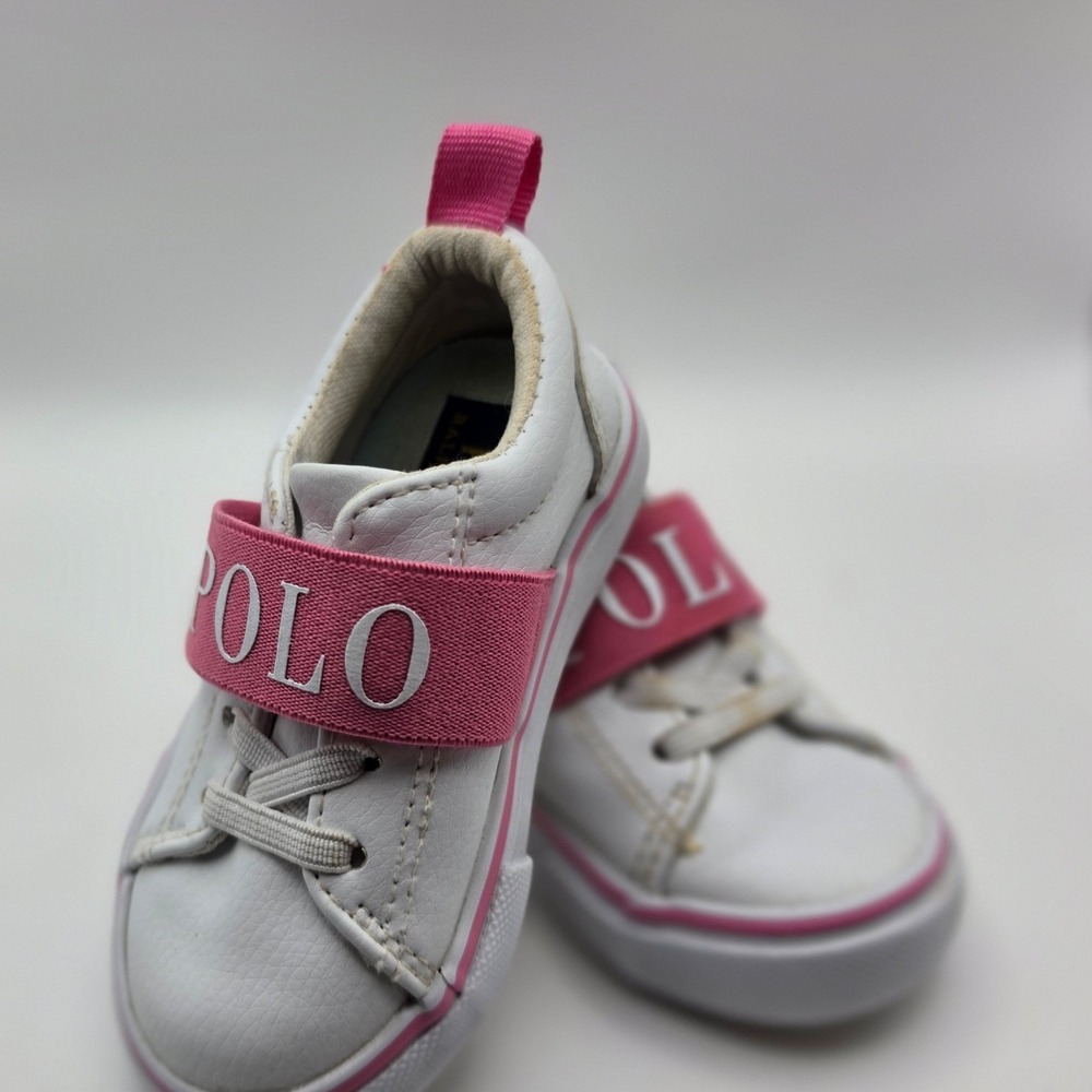 Polo Ralph Lauren Toddler Girls White Pink Logo Strap Sneakers Shoes Size 5 1583
